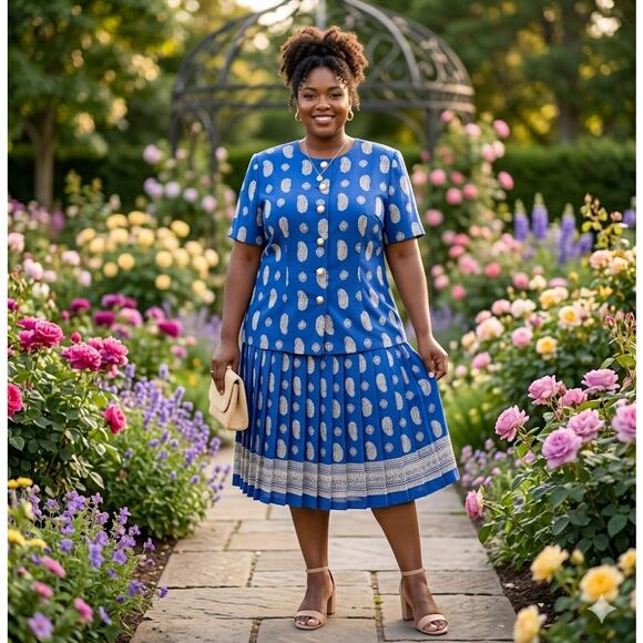 Leslie Fay Dresses & Skirts - Leslie Fay vintage drop waist 18 dress Blue white Paisley summer garden Plus